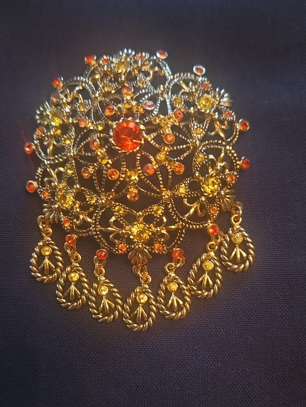 Vintage Joan River Gold Filigree  Brooch with Red and Yellow Stones